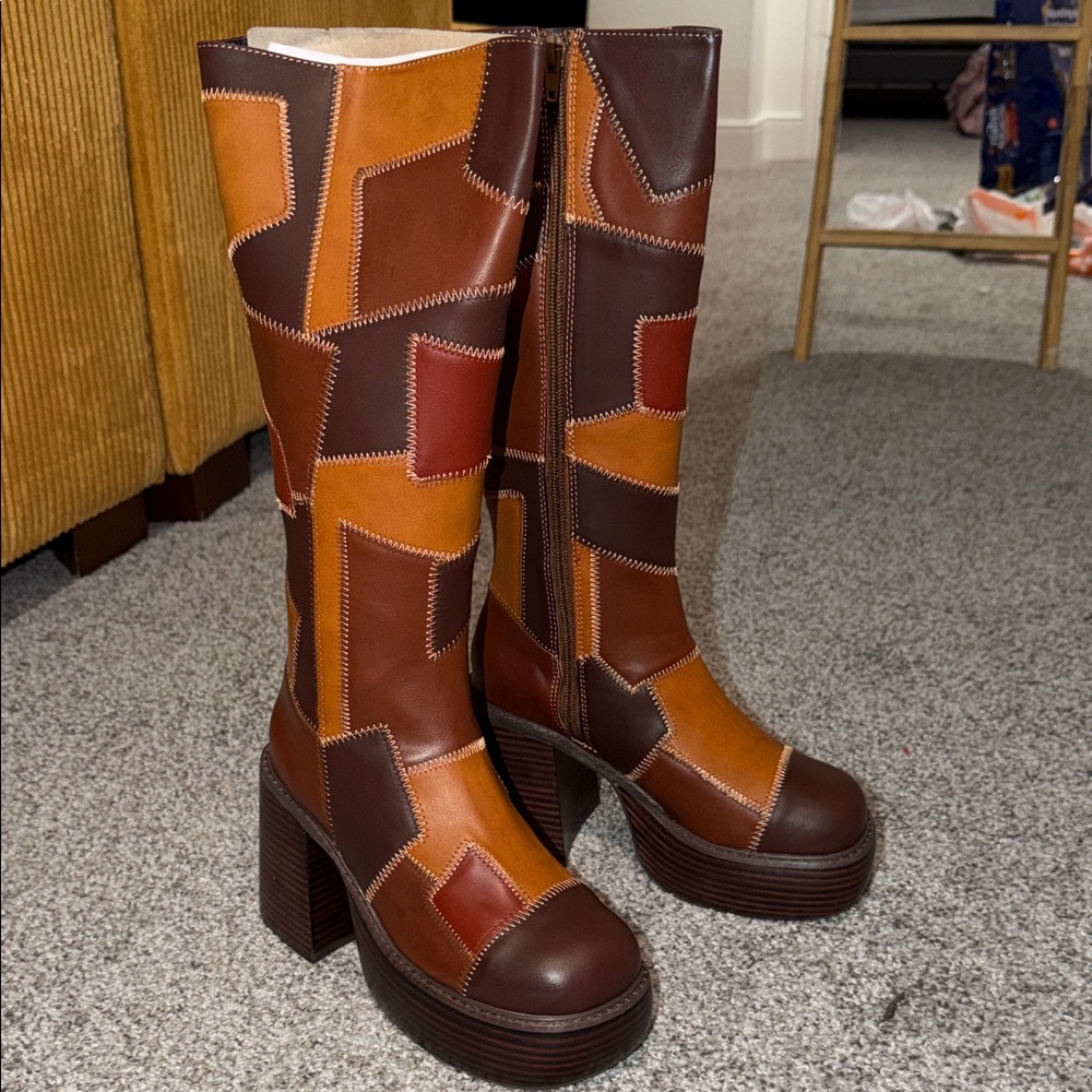 Patchwork Knee-High Boots - Brown and Tan